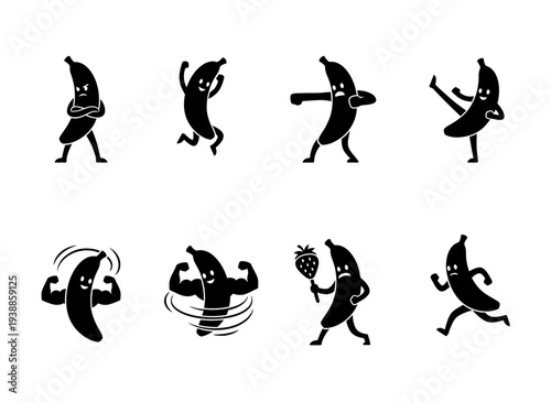Playful banana characters in various poses on transparent background silhouette