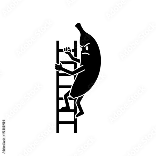 Angry banana clinging to a ladder on transparent background silhouette