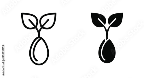 A simple black and white illustration of two plant sprouts with leaves growing out of seeds