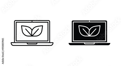 Two laptops with leaf designs on their screens, one in black and white and the other in white and black, against a plain background.