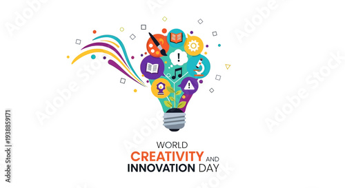 Colorful Light Bulb with Creative Symbols Inside.