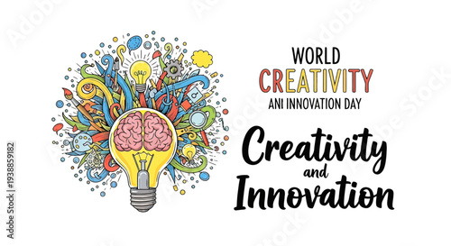 Colorful Light Bulb with Brain Illustration Creativity Innovation.
