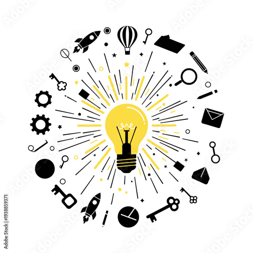 Creative ideas radiating from a glowing bulb design element on transparent background silhouette