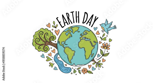 Earth Day Illustration with Globe and Flowers.