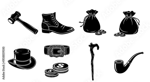 Vintage outlaw equipment collection on transparent background silhouette