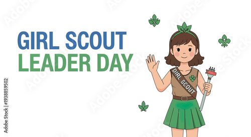 Girl Scout Leader Waving with Flower.