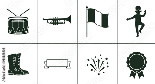 Saint patrick s day themed icons with musical instruments and silhouette on transparent background