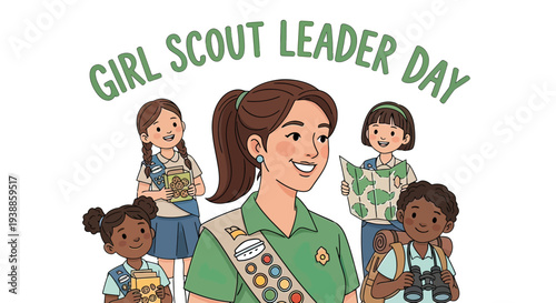 Girl Scout Leader with Young Scouts Illustration.