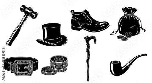 Vintage objects including a gavel hat and shoe silhouette on transparent background