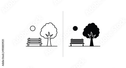 A simple black and white illustration of two benches under trees