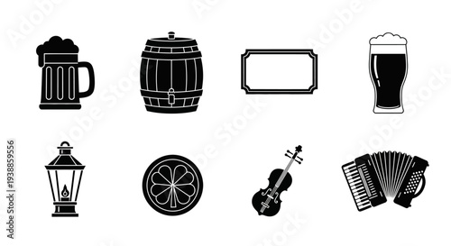 Black icons of beer barrel and instruments on transparent background silhouette