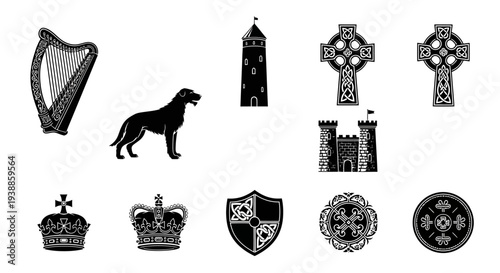 Irish symbols including harp dog castle and crosses on transparent background silhouette