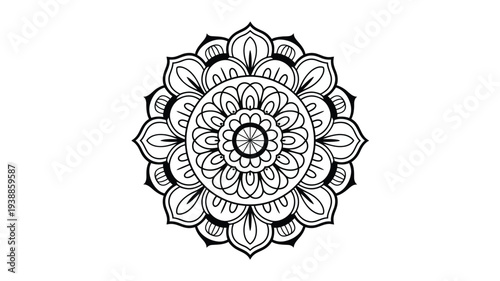 Intricate black and white circular mandala design on plain background for art therapy and relaxation