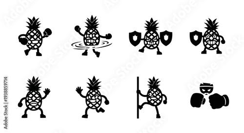 Playful pineapple characters in various boxing poses on transparent background silhouette