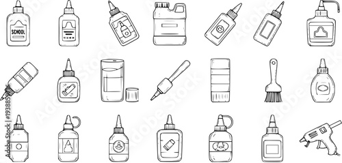 Hand-drawn Black  White Line Art Set of Glues and Adhesives: Bottles, Applicators, and Tools for Crafts, School, and DIY Projects