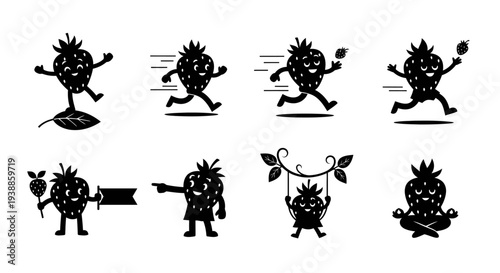 Playful strawberry characters running pointing and relaxing on transparent background silhouette