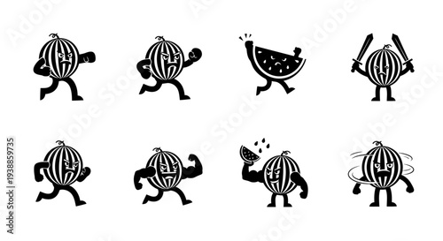 Anthropomorphic watermelon characters in various poses on transparent background silhouette