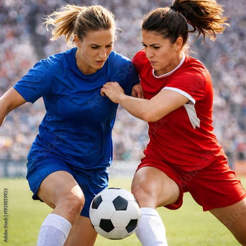 Two female soccer players competing for the ball during a match