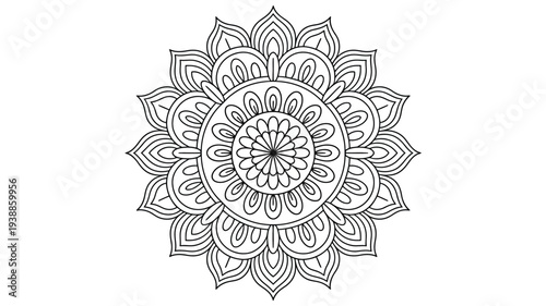 Intricate black and white mandala design with floral patterns and geometric shapes on a plain background for coloring book pages or meditation