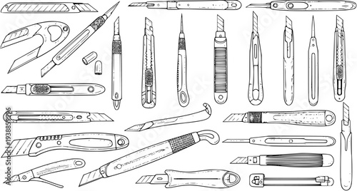 Hand-drawn Sketch Set of Various DIY and Craft Utility Knives and Cutter Tools, Black and White Line Art Collection for Workshop and Office Supplies