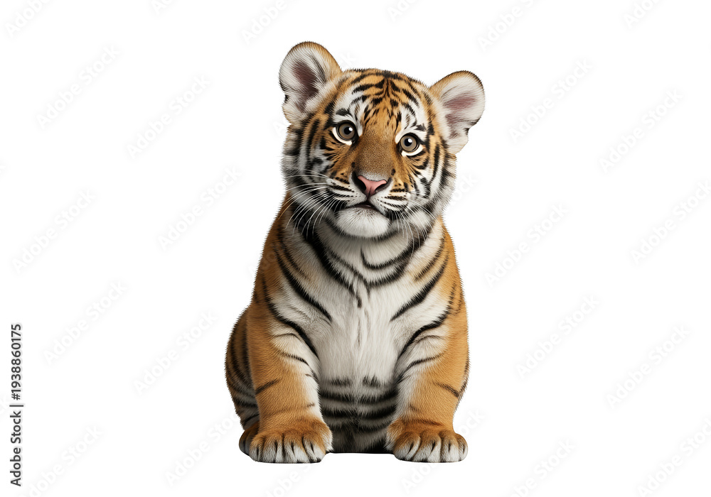 Obraz premium Cute Tiger Cub Sitting Isolated Realistic Photo Orange Black Stripes