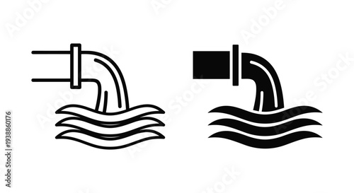 A black and white illustration of two pipes pouring water into wavy lines on a plain background
