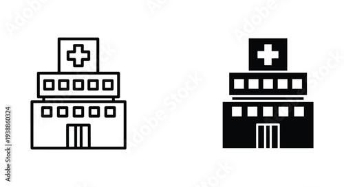 A medical building icon with a cross symbol on top, representing healthcare and medicine in a simple black and white design.