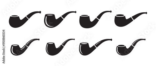 Black Smoking Pipe Silhouettes with Varied Vintage Shapes, Isolated on Clean White Background.