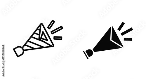 Two party horns blowing loudly in celebration on a white background