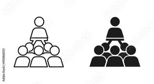 A graphic illustration of two hierarchical organizational structures with a leader and followers in black and white