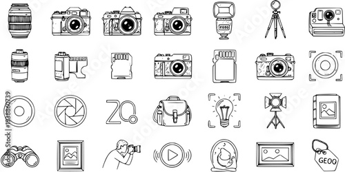 Black and White Line Art Icons of Photography Equipment and Symbols