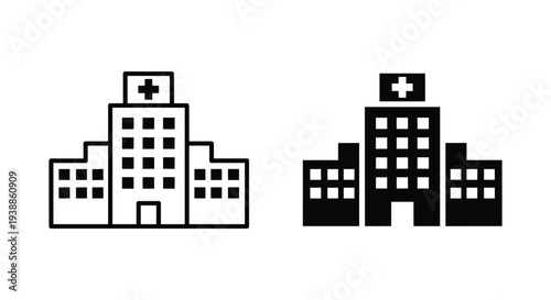 A simple black and white illustration of two hospital buildings with a medical cross on top