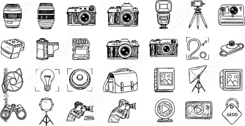 Hand Drawn Photography Tools and Camera Equipment Line Art Vector Icons Set. Doodle Sketch Collection of Photo Studio Accessories and Elements.