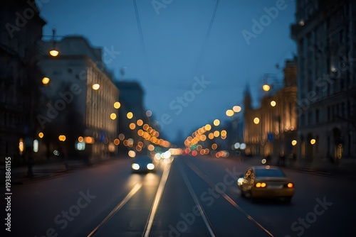 Wallpaper Mural Nighttime Urban Scene Featuring Blurred Streetlights And Car Headlights Streaking Down Dark Asphalt Road Under A Blue Twilight Sky Creating Bokeh Effect Torontodigital.ca