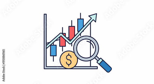 Stock market candlestick chart analysis with magnifying glass
