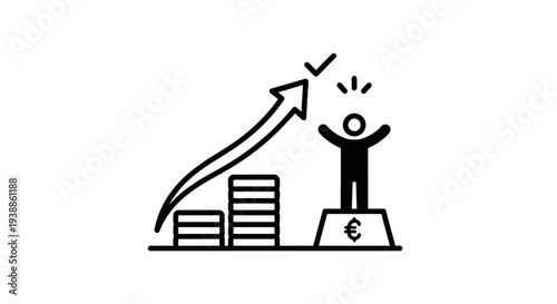 Successful investor celebrating on a podium with rising wealth