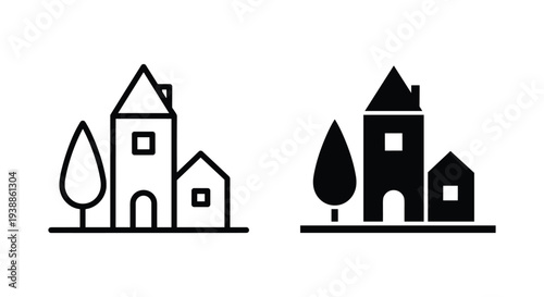 A simple black and white illustration of houses and trees in a minimalist style