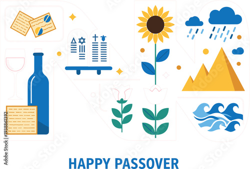 Happy Passover Greeting Card with Traditional Jewish Holiday Symbols Flat Vector Illustration Design