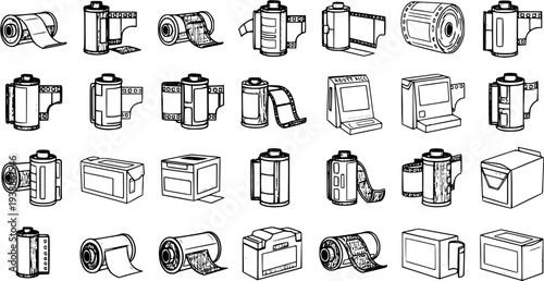 Vintage Analog Photography Black  White Line Art Film Rolls, Cartridges, Strips and Boxes Vector Icon Set Collection