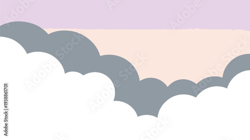 Minimalist vector art illustration of gray and white clouds against a pastel purple pink and peach gradient sky at sunrise or sunset