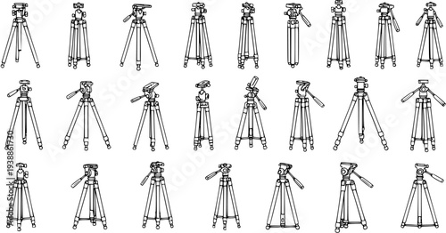 Photography Tripods Line Art Set. Black and White Vector Outline Illustrations of Camera Stands for Photo and Video Equipment.