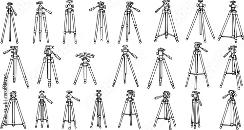 Professional Photography and Videography Tripods Vector Line Art Set. Black and White Outline Collection of Camera Stands for Media Production.