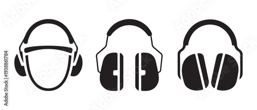 Industrial Safety Hearing Protection Earmuffs Icons Set. Minimalist Black and White Vector Symbols for Workplace Noise Reduction.