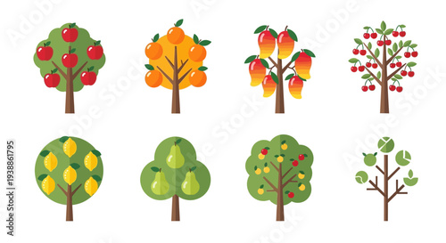 Set of eight minimalist fruit tree vector illustrations featuring apple orange mango cherry lemon and pear trees in a flat design style for nature and harvest.