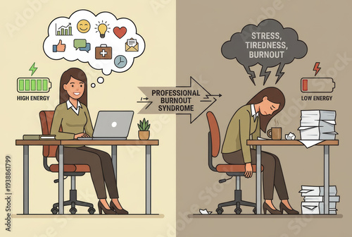 Stress burnout syndrome healing logistic workload homework mental student loud office hospital scene illustration shows energy change Mental Health in the Workplace