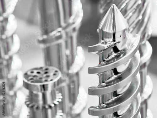 Extruder screws designed for plasticating processes showcasing precision engineering in a production facility