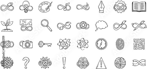 Conceptual Hand-drawn Black  White Line Art Icons Collection with Infinity Symbols. Doodle Vector for Creativity, Knowledge, Science, and Problem Solving.