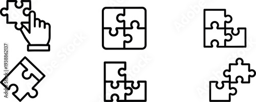 Jigsaw puzzle pieces and a hand assembling them