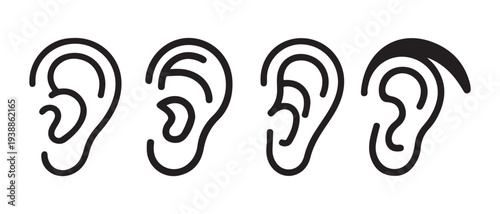 Minimalist human ear icons in black outline style, representing hearing, anatomy, and communication.