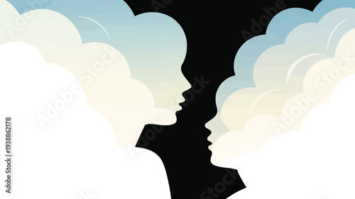Minimalist vector illustration of two women facing each other with clouds for hair against a black background symbolizing communication connection and feminine friendship